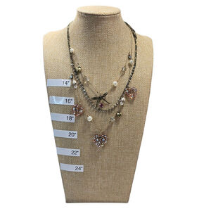 Betsey Johnson Necklace Pink Lucite Hearts with Crystals Pearls Three Strands